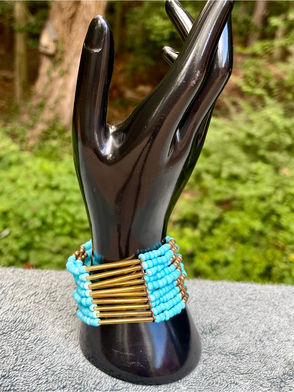 Beaded cuff bracelet, gold and turquoise beads